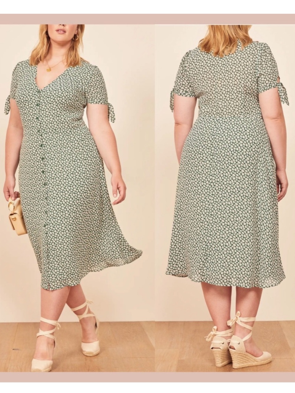 Reformation Rosalinda Floral Tie Sleeve Dress in Venezuela Size 14 Daisies Green